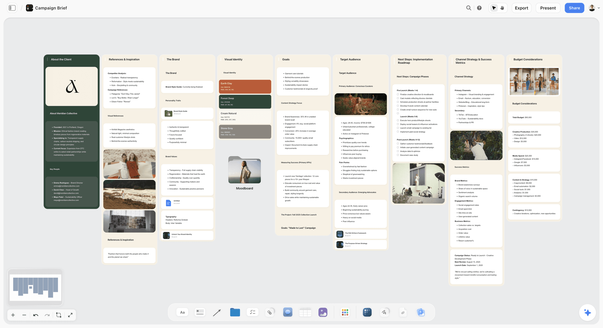 Campaign brief board in Storyflow with walls for the client, references, brand, visual identity, goals, audience, roadmap, channels and budget